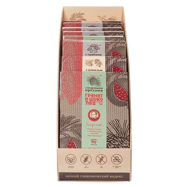 Ассорти конфет ГРАНАТ и ШОКОЛАД: с кедровыми орехами, с грибами шиитаке, с черным перцем, 4х3х15 гр.